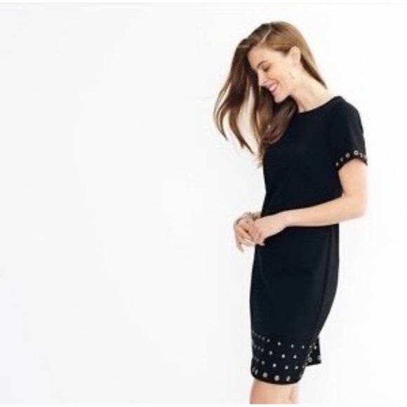 Size 16W‎ 1X BLACK PONTE KNIT SHIFT DRESS Gold Embellished Fall Winter PLUS SIZE - Picture 1 of 8